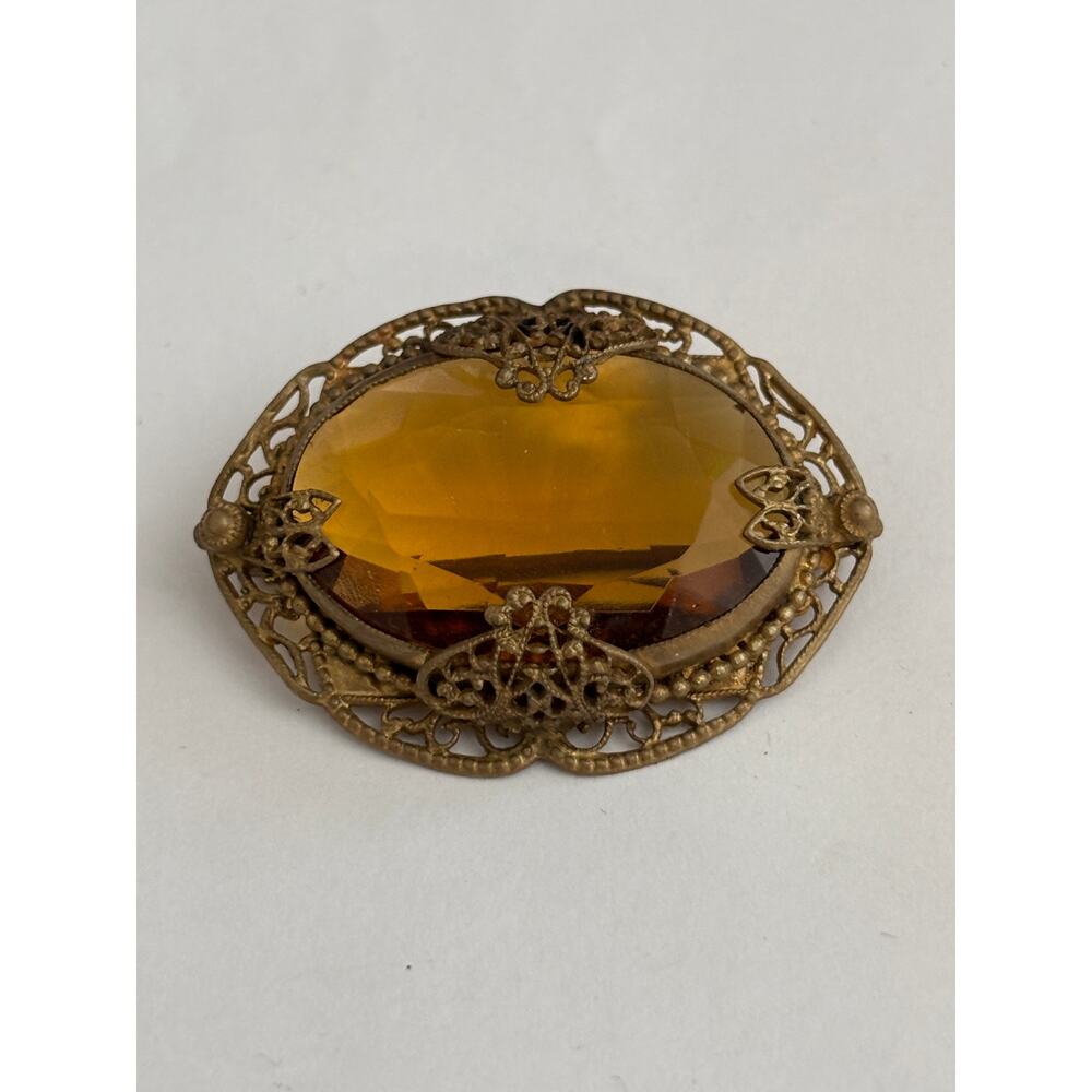 Vintage Antique Citrine Glass Brooch Filigree - Picture 2 of 6